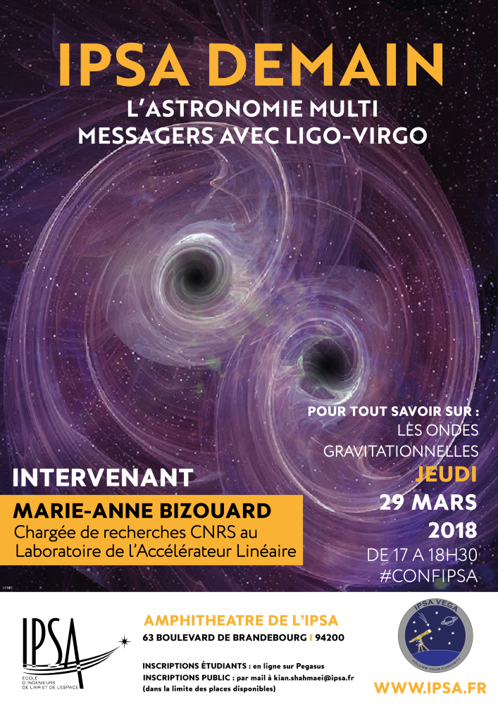 Affiche sur la conférence IPSA : L'astronomie multi messagers avec Ligo-Virgo
