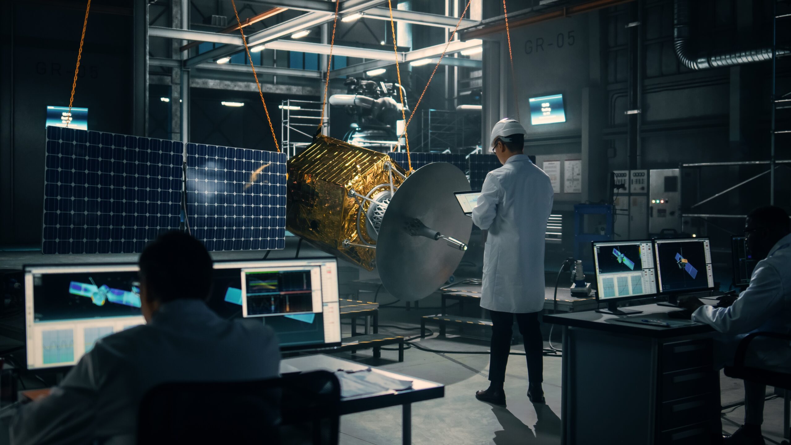 3 techniciens dans un laboratoire en train de travailler sur un satellite