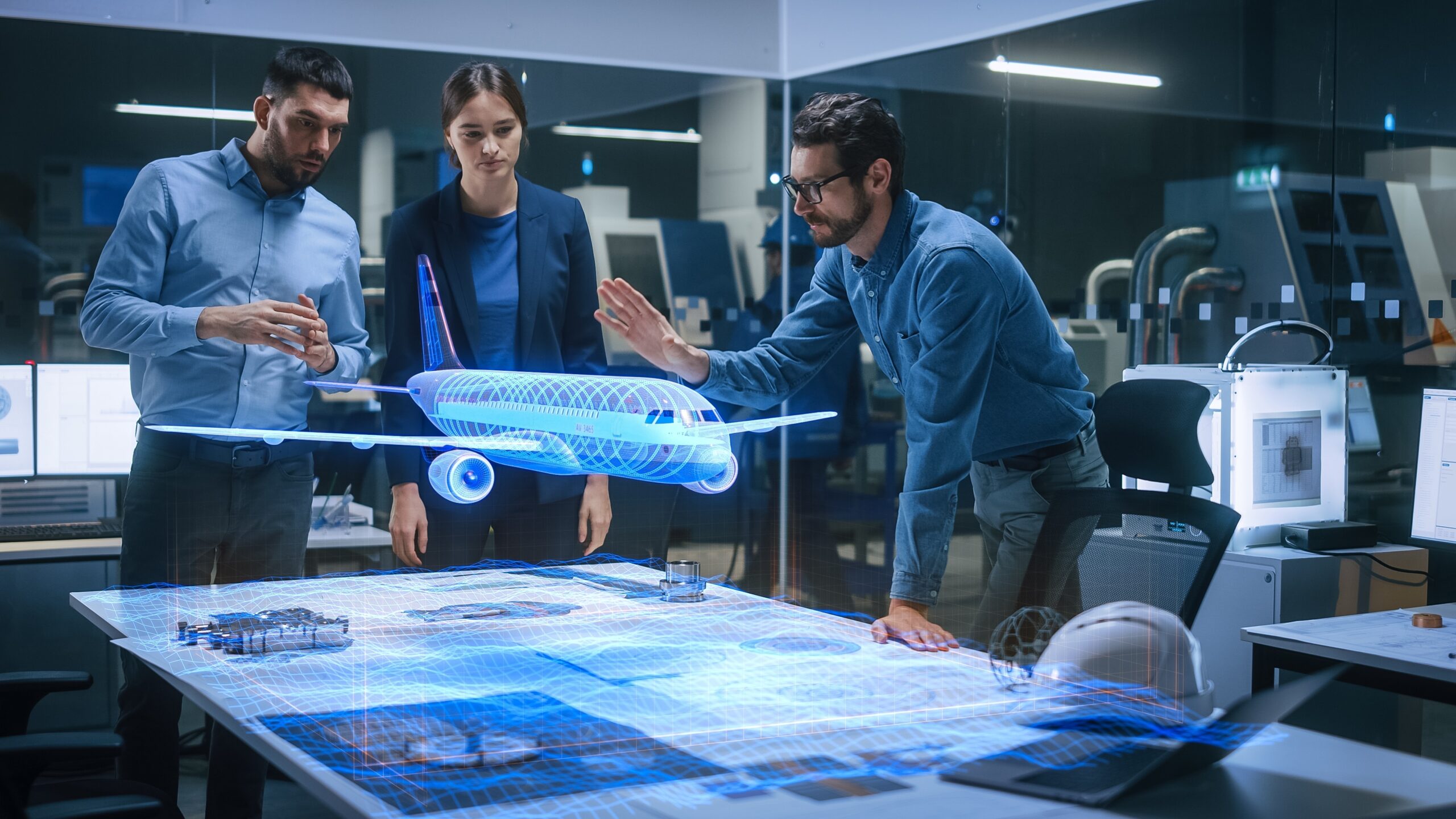une équipe d'experts visualisent une maquette d'avion en hologramme